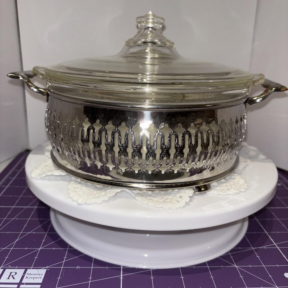 RARE 1920's PYREX Clear Glass Casserole‎ w/Lid & Etched Silver Holder